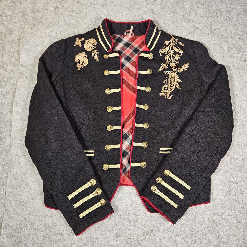 Free People Lauren Black Red Gold Flyaway Embroidered Band Jacket Size Large